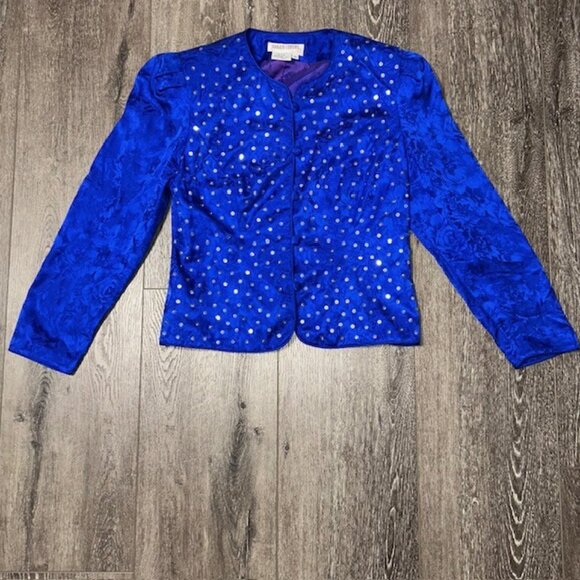 Maggie London Skirt Jacket Size 10 Bright Blue Floral Sequins Silk Two Piece - Picture 2 of 11